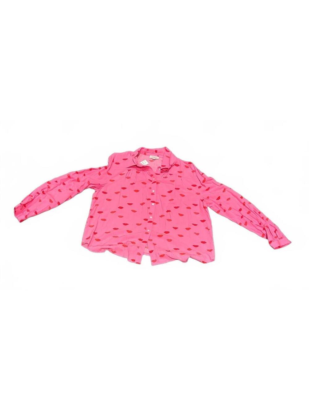 LOFT Outlet Pink Button-Up Blouse with Red Lips Print, Size L NWT